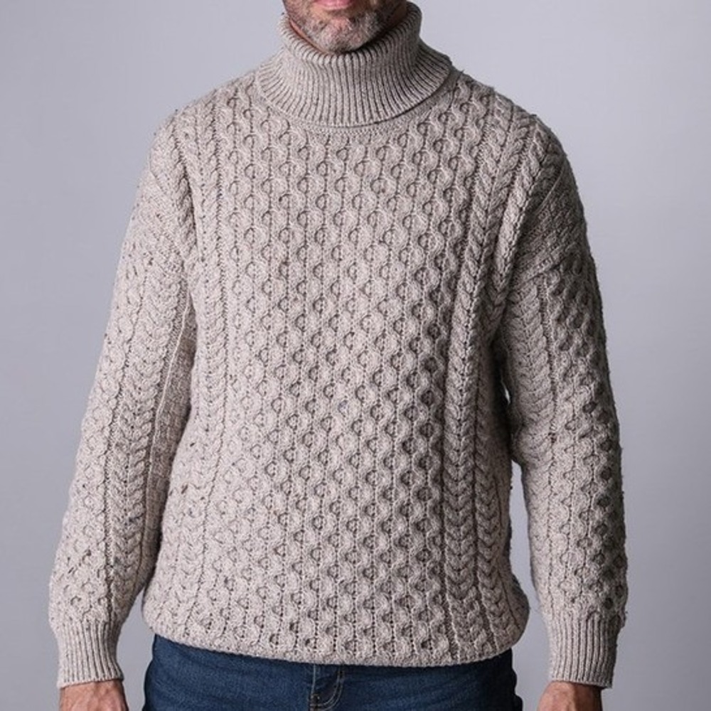Aran Crafts Turtleneck Sweater Merino Wool Fisherman Cable Knit Oatmeal Beige